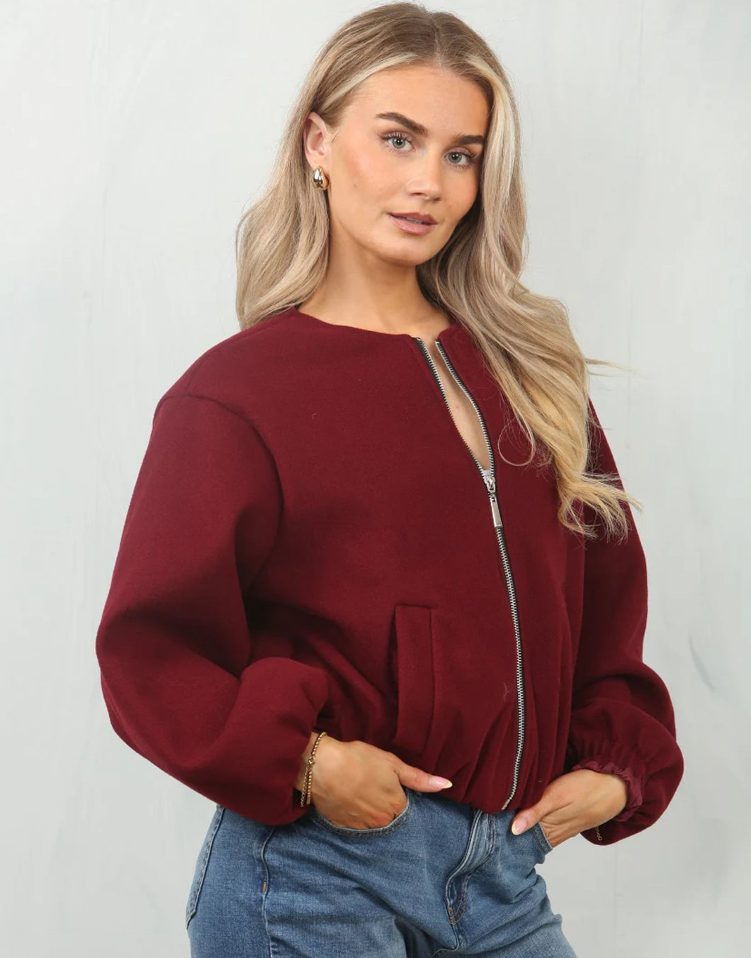 Wine red bubble hem zip up jacket