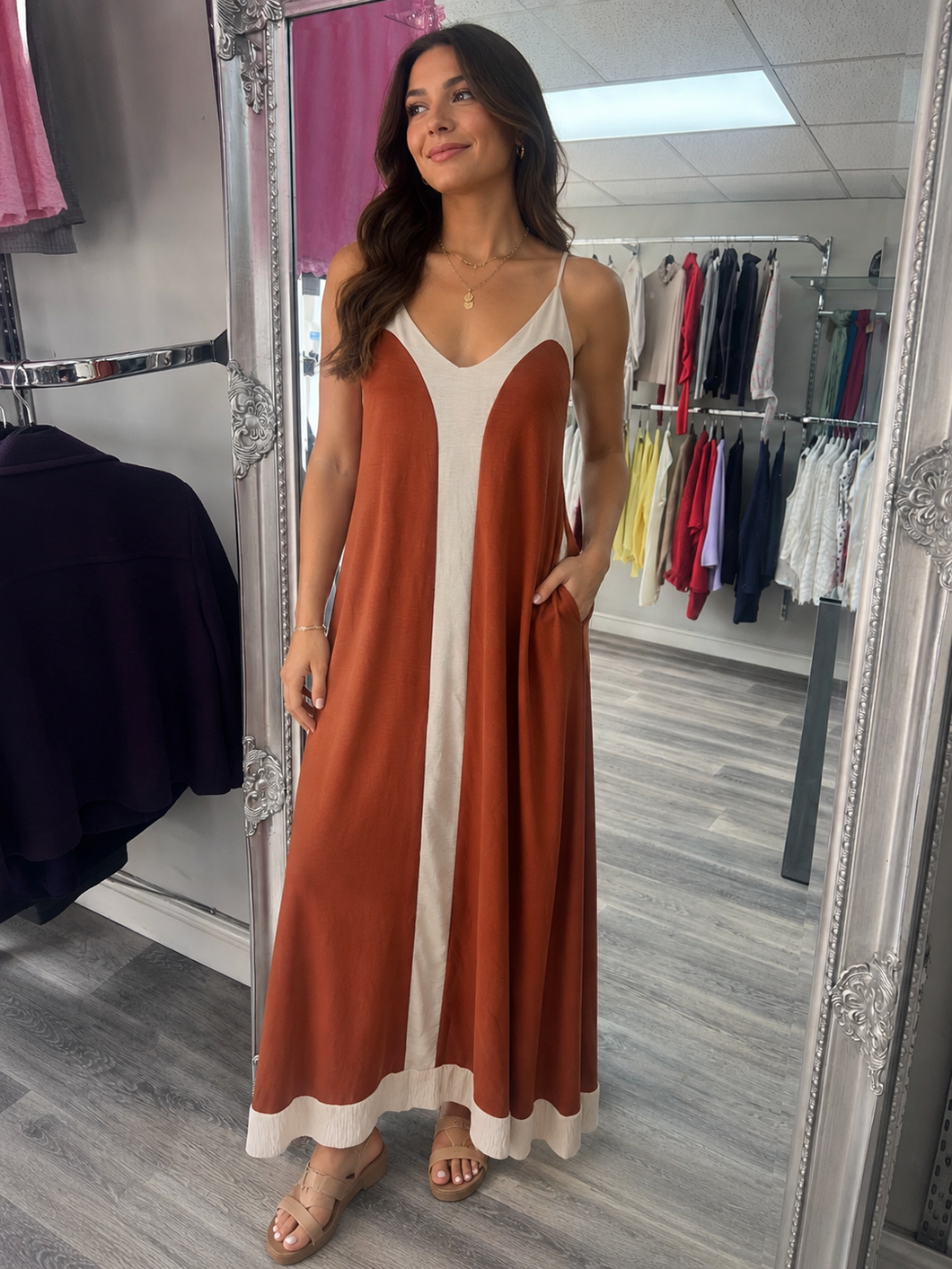 Orange and cream block colour maxi dress