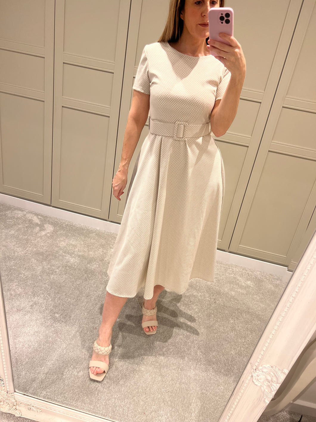 Beige patterned belted dress