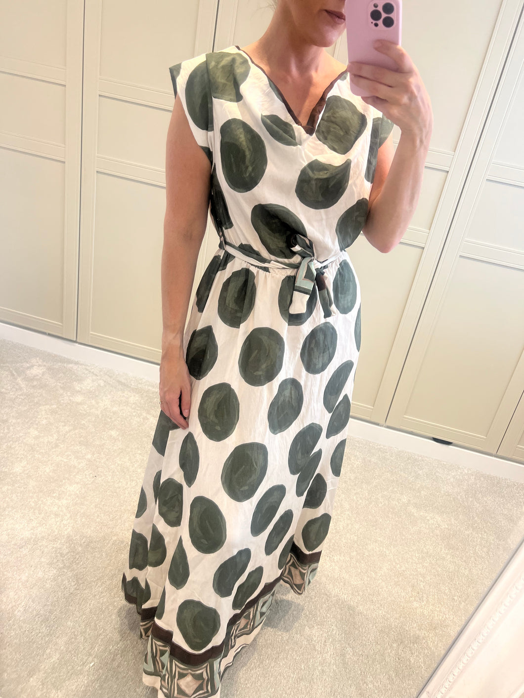 Green cowl neck spotted maxi dress