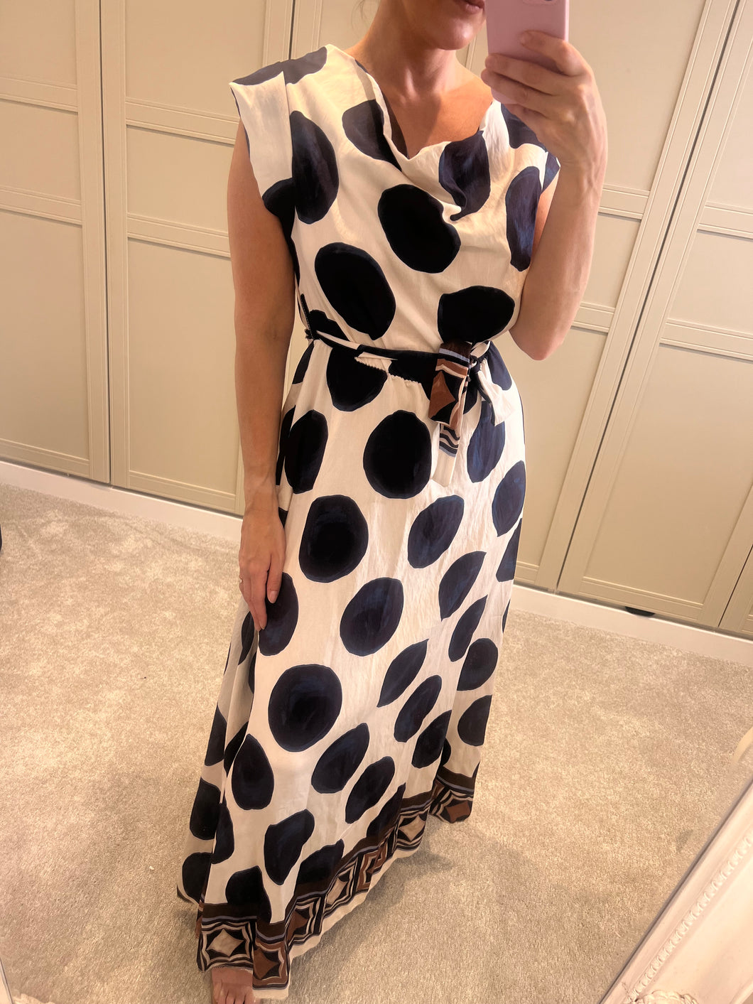 Navy cowl neck spotted  maxi dress