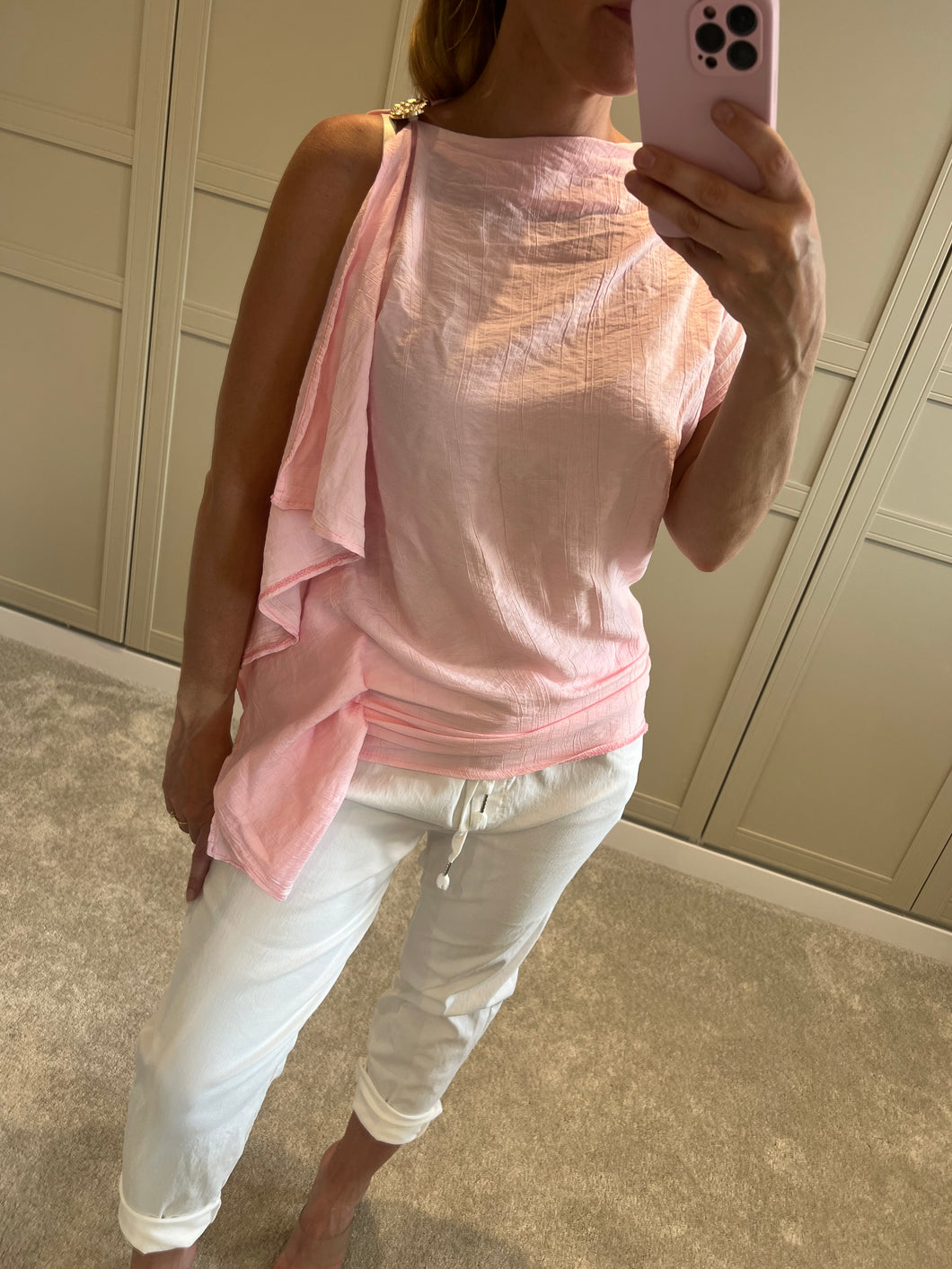 Pink one sleeve drape top
