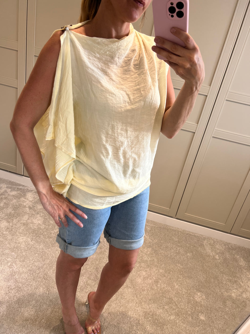 Yellow one sleeve draped top