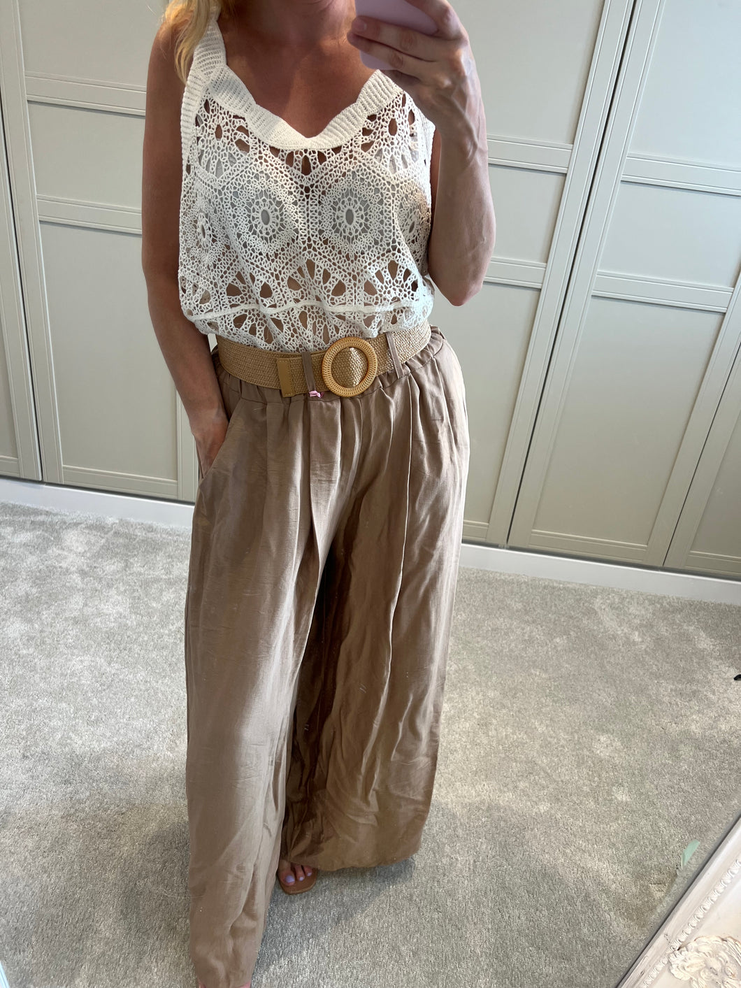 Belted wide leg tan trousers