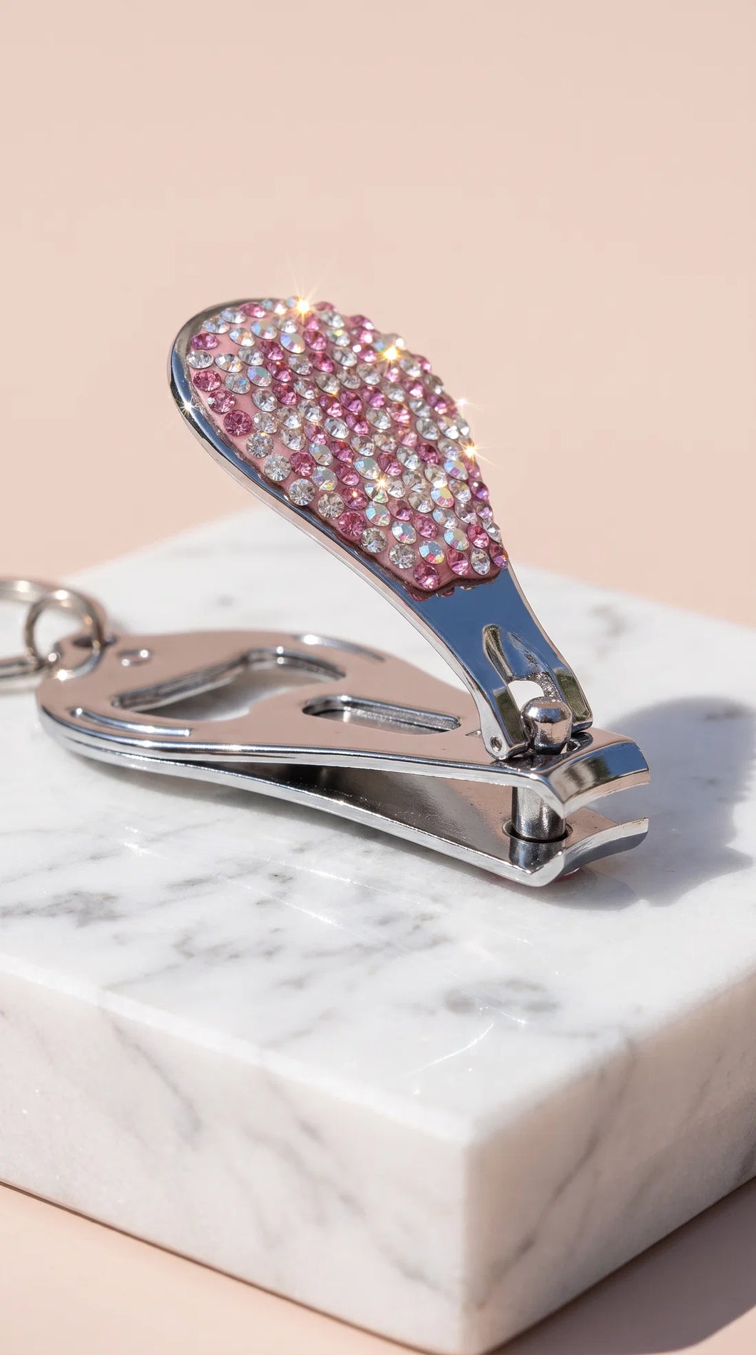 Crystal silver diamanté bottle opener and nail clipper key ring