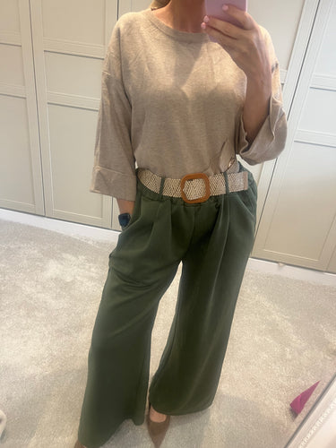 Olive green wide leg belted trousers
