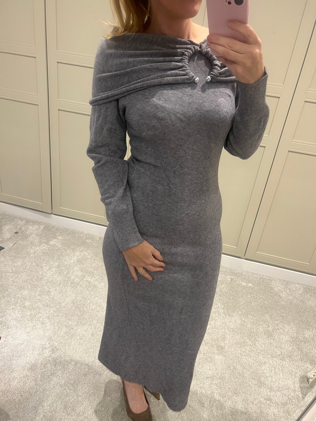 Grey Off-Shoulder Knitted Midi Dress
