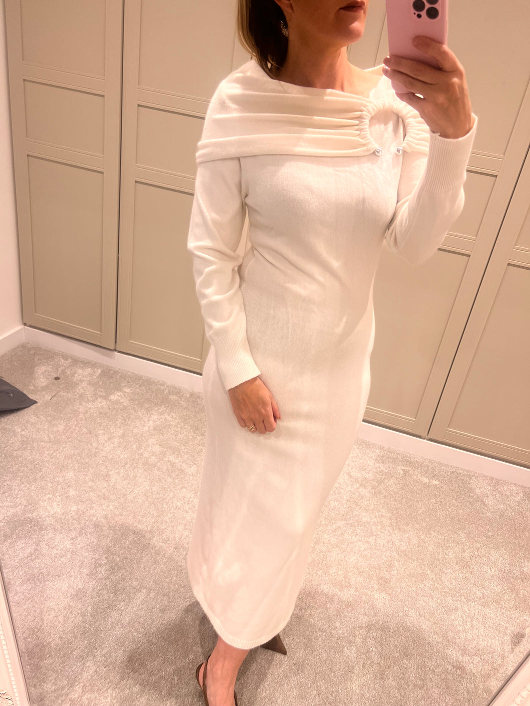Ivory Off-Shoulder Knitted Midi Dress