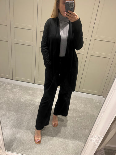 Black long line open front pocket cardigan