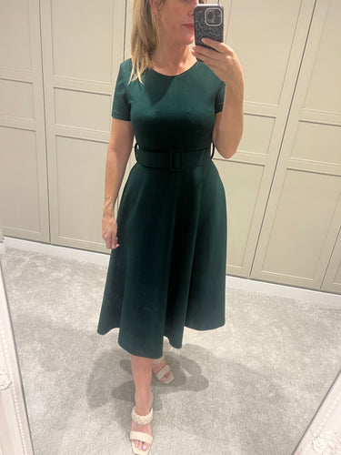 Green belted midi dress