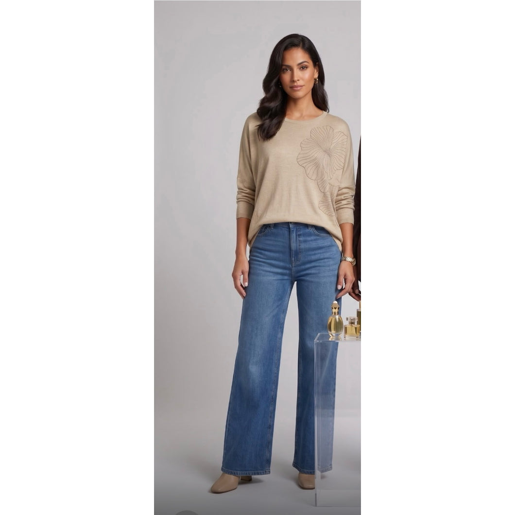 Oatmeal long line jumper with flower details