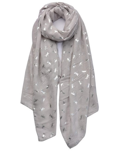 Silver Foil Small Dragonfly Print Grey Scarf
