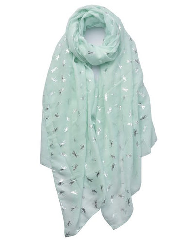 Silver Foil Small Dragonfly Print Mint Green Scarf