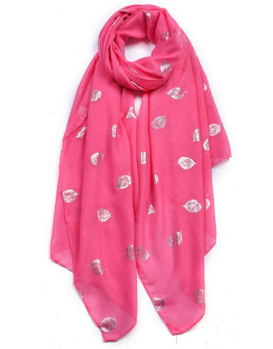 Pink Silver Foil Leaves Print Scarf