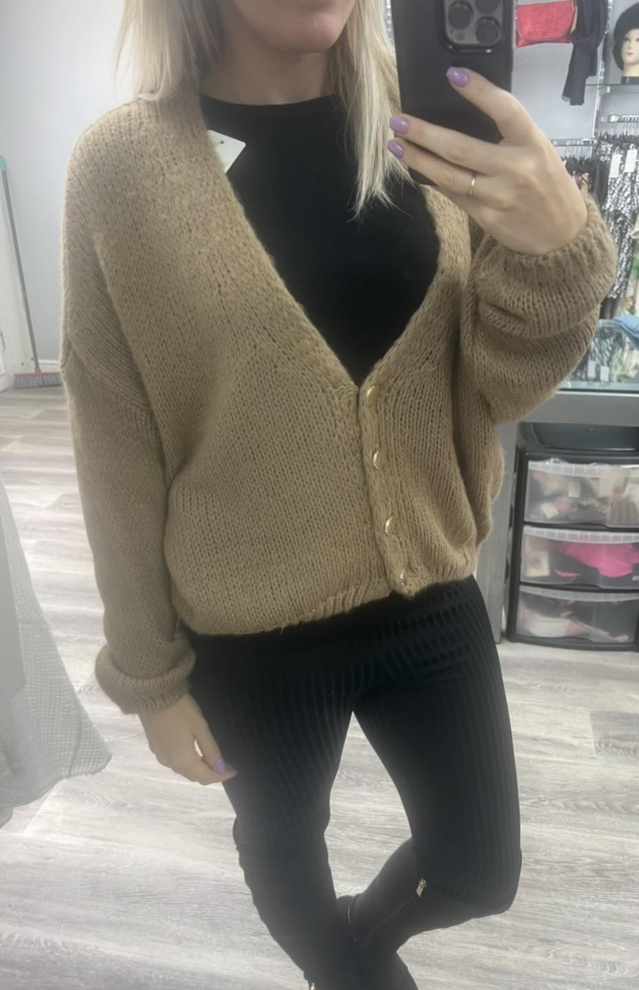 Brown cardigan with gold buttons